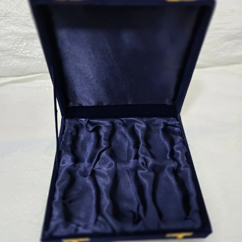 Vintage Navy Blue Velvet Jewelry Box Square Satin Lined Case Gold Latches